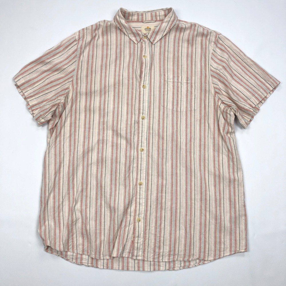Marine Layer Hemp Tencel Button Up Shirt Mens XXL Tan Striped Short Sleeve